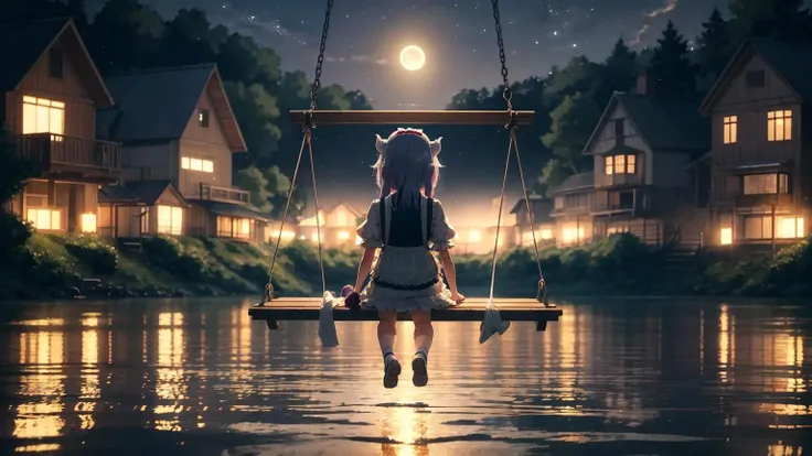 The little girl, Wide Shot, on the back, long flowing hair sits on a swing with a sparkling lake behind her on the back, Kanna, Maid Dragon, moonlight spills on the lake, surrounded by forests and fireflies flying, night light, night, masterpiece, best quality, high detailed, <lora:Kanna_Sora9:0.9>, (masterpiece,best quality:1.5)