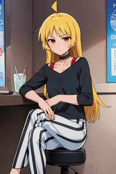 (masterpiece, best quality:1.2), solo, 1girl, ijichi seika, serious, looking at viewer, sitting, crossed legs, ahoge, black shirt, striped pants, black footwear, choker, collarbone <lora:bocchi_seikaijichi:1.0>