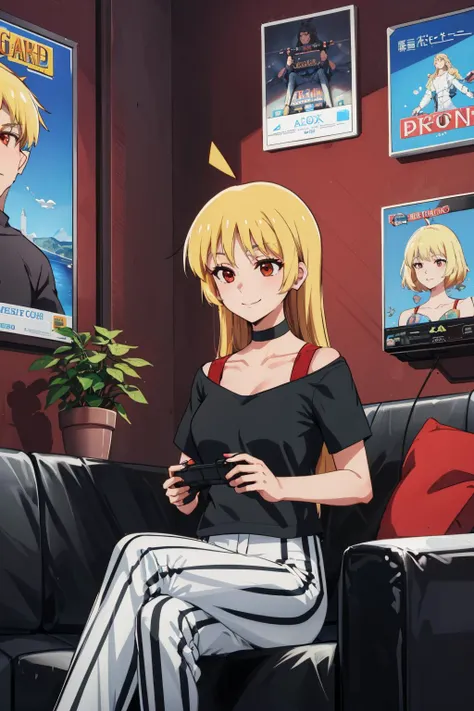 <lora:bocchi_seikaijichi-11:1> ijichi seika, ahoge, black shirt, striped pants, choker, collarbone, blonde hair, red eyes
masterpiece, best quality, absurdres, living room, ((playing videogames)), smile, sitting on couch, confidant