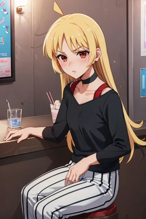 <lora:bocchi_seikaijichi-11:1> ijichi seika, ahoge, black shirt, striped pants, choker, collarbone, blonde hair, red eyes
masterpiece, best quality, absurdres, serious, blush, looking at viewer, music venue, sitting, sitting on stool, bar, upper body