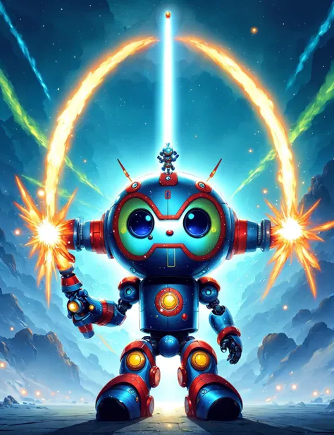 masterpiece, awesome quality, hyper detailed, DonMCu73T00n, ghibli ,cute, male humanoid robot, , energy sword, <lora:DonMCu73T00n:0.8>