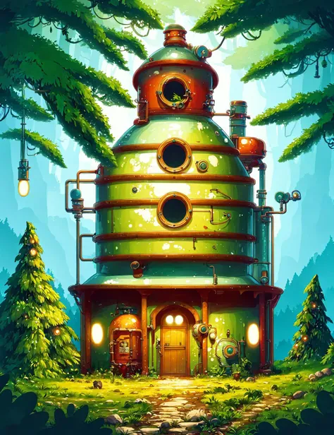 masterpiece, awesome quality, hyper detailed, DonMCu73T00n, ghibli ,cute, distillery in boreal forest biome, <lora:DonMCu73T00n:0.8>