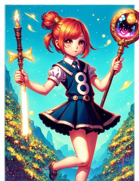 masterpiece, awesome quality, hyper detailed, DonMCu73T00n, manga ,cute, female grunglet, illusionist,, staff, <lora:DonMCu73T00n:0.8>