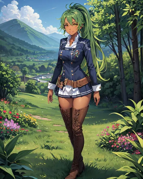 best quality, (masterpiece:1.2), illustration, absurdres,
(1girl), (solo), (beautiful detailed girl), full body shot,
<lora:Leonora-08:0.8>, Leonora, green hair, dark skin, yellow eyes, long hair, ponytail, medium breasts,
blue school uniform, thigh boots, brown boots,
smile, confident, proud,, looking at viewer,
magical forest, flowers, distant mountains, sky, clouds