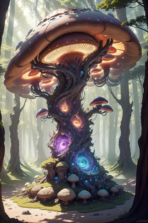 An award-winning digital image of a antitech giant mushroom, sunshafts, colorful, fantasy, forest, (masterwork:1.2), (dynamic lighting:1.1), intricate details, hd, 8k, scifi<lora:morph_AntimatterTech-20:0.930>