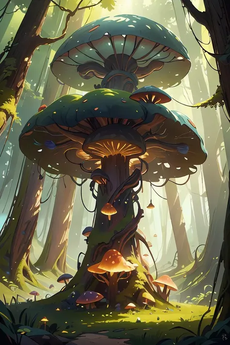 (masterpiece, top quality, best quality, official art, beautiful and aesthetic:1.2),An award-winning digital image of a antitech giant mushroom, sunshafts, colorful, fantasy, forest, (masterwork:1.2), (dynamic lighting:1.1), intricate details, hd, 8k, scifi, <lora:AntimatterTech-20:0.8>