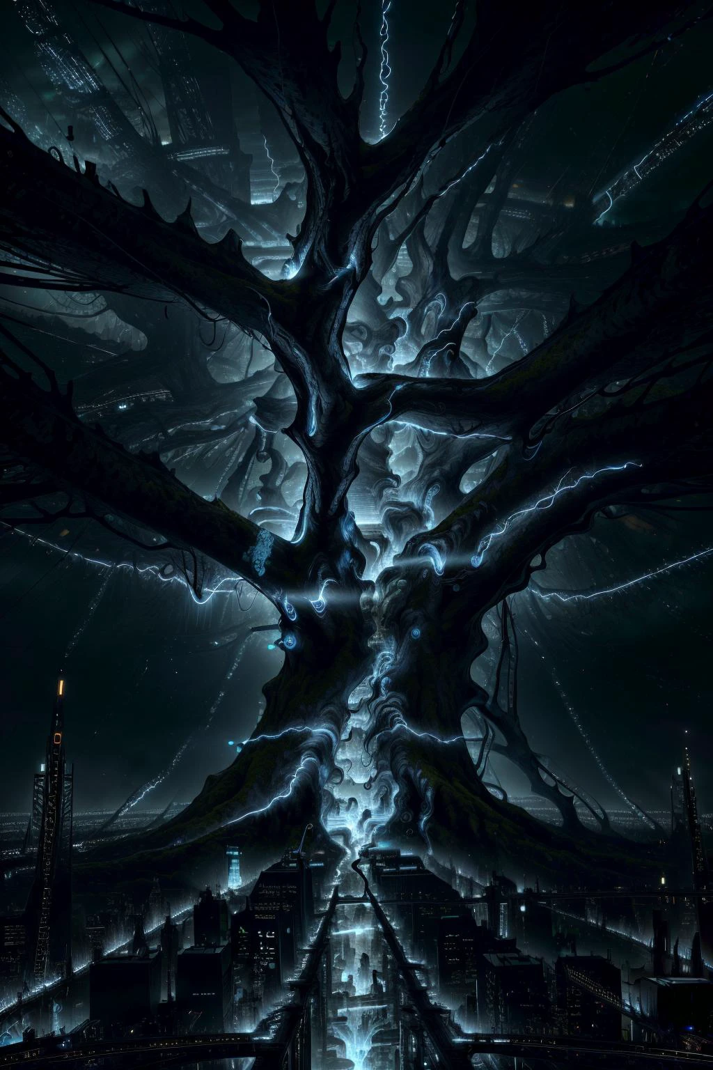 best quality, highres, high resolution, high detail, sharp focus, cinematic shadow, <lora:nomomassive:0.7> <lora:AntimatterTech-20:0.9>.
A massive tree connected to the city below by swirling veins of glowing antitech energy.