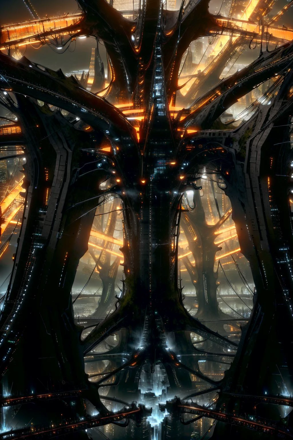 best quality, highres, high resolution, high detail, sharp focus, cinematic shadow, <lora:nomomassive:0.7> <lora:AntimatterTech-20:0.9>.
A massive antitech tree connected to the city below by massive glowing orange antitech energy bridges.
