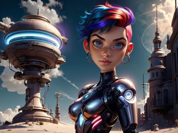 Disney, Pixar Disney, Pixar (Style: trending on artstation, ((high quality:1.2, masterpiece:1.2)) , (8k resolution) , high details, incredibly absurdres, color connection, colorized, colorful, sexy, nsfw, seductive, 3/4 body shot)
(1girl, 25 years old, big eyes, latina face, freckles, (short hair, shaved sides:1.2), multicolored hair, medium breasts)
<lora:AntimatterTech:0.8> (Backround: antitech, scifi, pure energy, city, castle)
