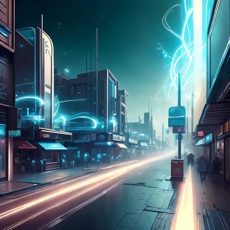 (masterpiece, top quality, best quality, official art, beautiful and aesthetic:1.2),AntiTech,pure energy,urban area, shop, convenience store, light particles, scifi, <lora:AntimatterTech-20:1>