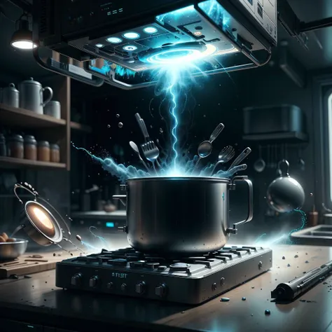 <lora:AntimatterTech-20:0.9>,antitech,light particles, kitchen, scifi