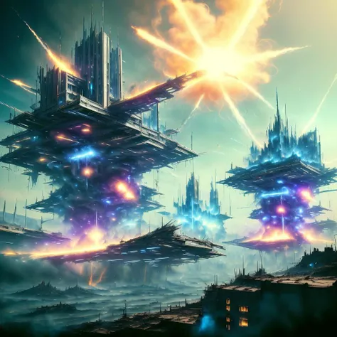 <lora:AntimatterTech-20:1.2>,AntiTech, battle, building, burning, city, city_lights, cityscape, damaged, destruction, dirty, explosion, fire, firing, flame, laser, ruins, science_fiction, skyscraper, smoke, sparks, sun, sunset, war, watercraft,ocean, scifi