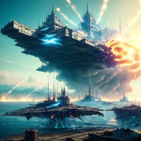 <lora:AntimatterTech-20:1>,AntiTech, battle,  building, burning, city, city_lights, cityscape, damaged, destruction, dirty, explosion, fire, firing, flame,  laser, realistic, ruins, science_fiction,  skyscraper, smoke, sparks, sun, sunset, war, warship, watercraft,ocean, scifi