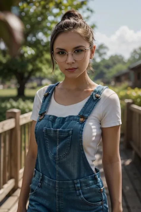 (RAW, analogue, Nikon Z 14mm ultra-wide angle lens, award-winning glamour photograph, ((best quality)), ((masterpiece)), ((realistic)), skin pores, subsurface scattering, radiant light rays, high-res, detailed facial features, high detail, sharp focus, smooth, aesthetic, extremely detailed, (extremely detailed eyes, extremely detailed iris), extremely detailed hair, extremely detailed skin, extremely detailed clothes, octane render, photorealistic, realistic, post-processing, max detail, realistic shadows, roughness, natural skin texture, real life, ultra-realistic, photorealism, photography, 8k UHD, photography, hdr, intricate, elegant, highly detailed, sharp focus, stunning, beautiful, gorgeous), (photorealistic), (realistic), racha311i3ghc00k as a nerdy woman with glasses, (hair tied back:1.1), (wearing a white t-shirt with overalls:1.3), full body, outdoors, farmhouse, sitting on porch, morning, bright, <lora:Rachael_Leigh_Cook_PMv1_Lora:1.3>,, high quality photography, 3 point lighting, flash with softbox, 4k, Canon EOS R3, hdr, smooth, sharp focus, high resolution, award winning photo, 80mm, f2.8, bokeh, ((Full-Body Shot))