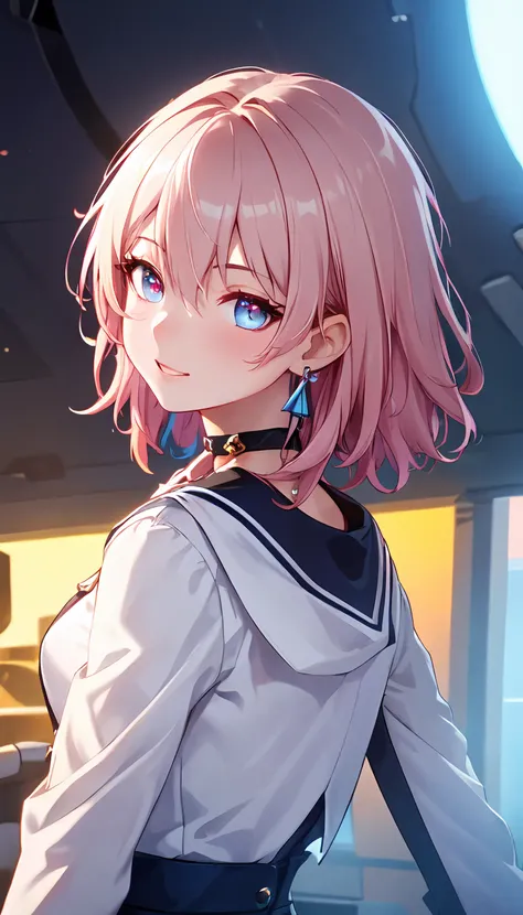 ph_Mar, Marhd, Mards, 1girl, solo, skirt, gloves, earrings, jewelry, bangs, blue eyes, pink eyes, black gloves, long sleeves, blue skirt, choker, fingerless gloves, white shirt, hair between eyes, short hair, single glove, pleated skirt, partially fingerless gloves, purple eyes, jacket, multicolored eyes, <lora:Mar-t1-000003:0.7>, (masterpiece:1.6, best quality), (finely detailed beautiful eyes: 1.2), ultra-detailed, illustration,beautiful detailed eyes, (yandere:1.4), (empty eyes), backlighting, looking at viewer, blush, smile, (masterpiece, finely detailed beautiful eyes: 1.2), (on the moon, space, looking back into earth), volumetric lighting, white jacket, glowing headphone, cyberpunk, futuristic, multi-color eyes, detailed eyes, hyper detailed,light smile, highly detailed, beautiful, small details, ultra detailed, best quality, intricate, hyperrealism, sharp, digital illustration, detailed, realism, intricate, 4k, 8k, trending on artstation, good anatomy, beautiful lighting, award-winning, photorealistic, realistic shadows, realistic lighting, beautiful lighting, raytracing, intricate details, moody, rule of thirds, masterpiece, (illustration:1.1), highres, (extremely detailed CG, unity, 8k wallpaper:1.1), beautiful face, highly detailed face, ultra realistic, masterpiece, bokeh, extremely detailed, intricate, zoomout, colorful, vibrant colors, red nail polish, side view,