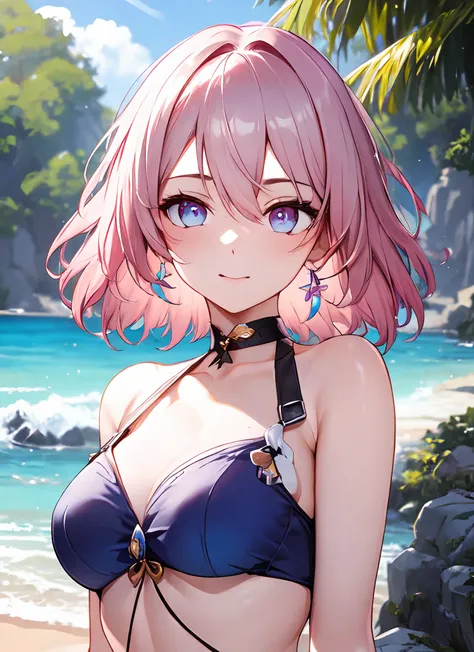 ph_Mar, Marhd, Mards, 1girl, solo, jewelry, blue eyes, pink eyes, hair between eyes, short hair, purple eyes, multicolored eyes, bikini, ocean, bay, trees, <lora:Mar-t1-000003:0.7>, (masterpiece:1.6, best quality), (finely detailed beautiful eyes: 1.2), ultra-detailed, illustration,beautiful detailed eyes, upper body,