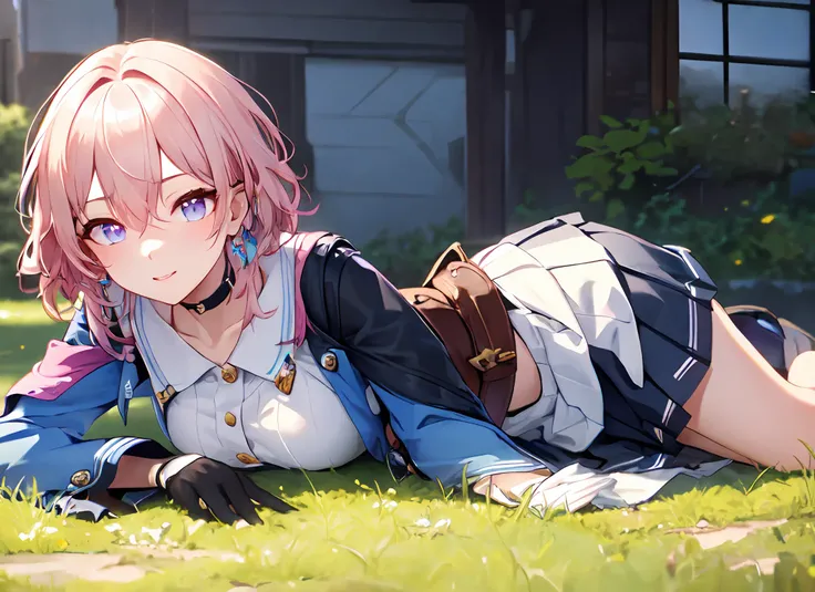 Marhd, Mards, 1girl, solo, skirt, gloves, earrings, jewelry, bangs, blue eyes, pink eyes, black gloves, long sleeves, blue skirt, choker, fingerless gloves, white shirt, hair between eyes, short hair, single glove, pleated skirt, partially fingerless gloves, purple eyes, jacket, multicolored eyes, <lora:Mar-t1-000003:0.7>, (masterpiece:1.6, best quality), (finely detailed beautiful eyes: 1.2), ultra-detailed, illustration,beautiful detailed eyes, lying on grass, grass field