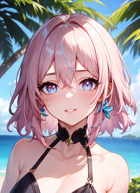 Mards, 1girl, solo, jewelry, blue eyes, pink eyes, hair between eyes, short hair, purple eyes, multicolored eyes, bikini, ocean, bay, trees, <lora:Mar-t1-000003:0.7>, (masterpiece:1.6, best quality), (finely detailed beautiful eyes: 1.2), ultra-detailed, illustration,beautiful detailed eyes,