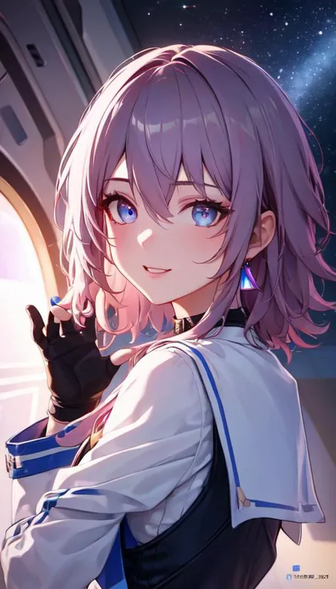 ph_Mar, Marhd, Mards, 1girl, solo, skirt, gloves, earrings, jewelry, bangs, blue eyes, pink eyes, black gloves, long sleeves, blue skirt,  choker, fingerless gloves, white shirt, hair between eyes, short hair, single glove, pleated skirt, partially fingerless gloves, purple eyes, jacket, multicolored eyes, <lora:Mar-t1-000003:0.7>, (masterpiece:1.6, best quality),  (finely detailed beautiful eyes: 1.2), ultra-detailed, illustration,beautiful detailed eyes, (yandere:1.4), (empty eyes),  backlighting, looking at viewer, blush, smile, (masterpiece, finely detailed beautiful eyes: 1.2), (on the moon, space, looking back into earth), volumetric lighting, white jacket, glowing headphone, cyberpunk, futuristic, multi-color eyes, detailed eyes, hyper detailed,light smile, highly detailed, beautiful, small details, ultra detailed, best quality, intricate, hyperrealism, sharp, digital illustration, detailed, realism, intricate, 4k, 8k, trending on artstation, good anatomy, beautiful lighting, award-winning, photorealistic, realistic shadows, realistic lighting, beautiful lighting, raytracing, intricate details, moody, rule of thirds, masterpiece, (illustration:1.1), highres, (extremely detailed CG, unity, 8k wallpaper:1.1), beautiful face, highly detailed face, ultra realistic, masterpiece, bokeh, extremely detailed, intricate, zoomout, colorful, vibrant colors, red nail polish, side view,