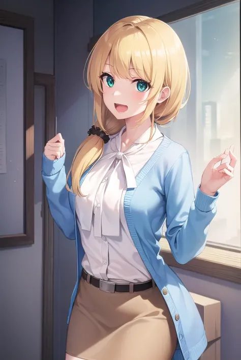 ellenbaker, <lora:ellenbaker-lora-nochekaiser:1>,
ellen baker, blonde hair, (green eyes:1.5), long hair, ponytail, scrunchie, <lora:talkmouth_A_v100:0.8>, open mouth,
BREAK shirt, white shirt, collared shirt, cardigan, blue cardigan, belt, skirt, brown skirt, pencil skirt,
BREAK indoors, classroom,
BREAK looking at viewer, (cowboy shot:1.5),
BREAK <lyco:GoodHands-beta2:1>, (masterpiece:1.2), best quality, high resolution, unity 8k wallpaper, (illustration:0.8), (beautiful detailed eyes:1.6), extremely detailed face, perfect lighting, extremely detailed CG, (perfect hands, perfect anatomy),