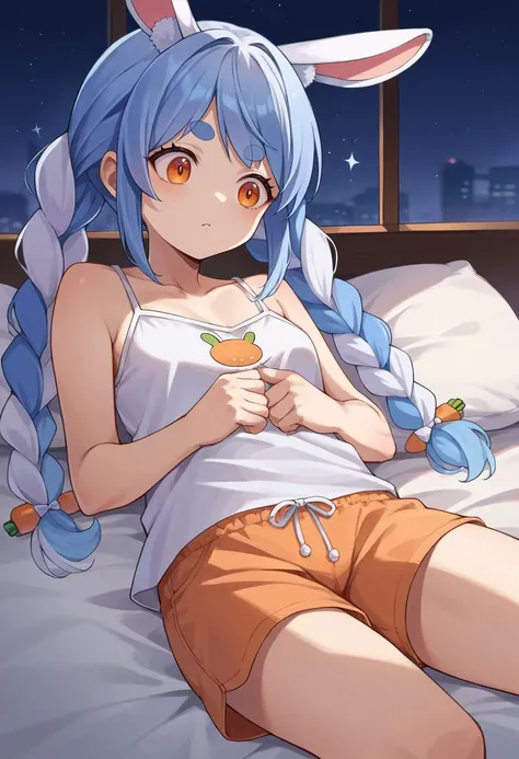 score_9, score_8_up, source_anime, 1girl, solo, UsadaPekora, orange eyes, thick eyebrows, rabbit ears, two-tone hair, blue hair, white hair, long hair, twin braids, sleepwear, camisole, shorts, on bed, night, <lora:ChamUsadaPekoraPonyXL:1>