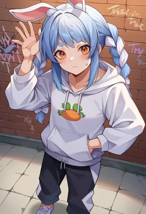 score_9, score_8_up, source_anime, 1girl, solo, UsadaPekora, orange eyes, thick eyebrows, rabbit ears, two-tone hair, blue hair, white hair, long hair, twin braids, urban and street style, graffiti-inspired colors, cool and edgy attire, sweatpants, hoodie, stylish sneakers, fashionable accessories, hip hop jewelry, confident expression, graffiti walls, energetic and vibrant atmosphere, <lora:ChamUsadaPekoraPonyXL:1>