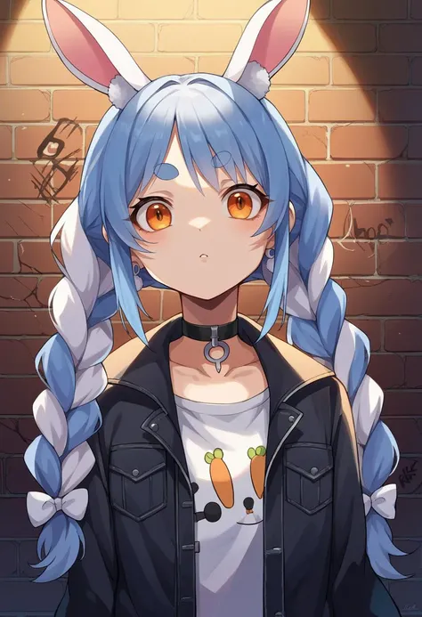 score_9, score_8_up, source_anime, 1girl, solo, UsadaPekora, orange eyes, thick eyebrows, rabbit ears, two-tone hair, blue hair, white hair, long hair, twin braids, earrings, sharp eyes, choker, neon shirt, open jacket, turtleneck sweater, night, against wall, brick wall, graffiti, dim lighting, alley, looking at viewer, <lora:ChamUsadaPekoraPonyXL:1>
