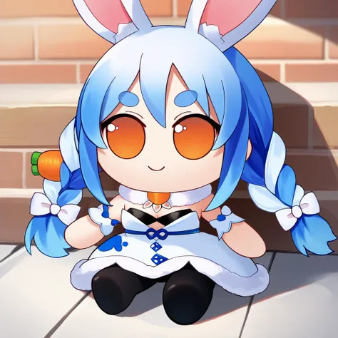 score_9, score_8_up, score_7_up, source_anime, fumo \(doll\), chibi, sitting, solo, 1girl, PekoraBase, smile, sitting, orange eyes, thick eyebrows, rabbit ears, two-tone hair, blue hair, white hair, long hair, twin braids, hair ornament, fur collar, white dress, fur-trimmed dress, bare shoulders, black leotard, strapless, cleavage, detached sleeves, puffy short sleeves, black gloves, black pantyhose <lora:ChamUsadaPekoraPonyXL:1> <lora:style_toyfumo_ponyXL:1>