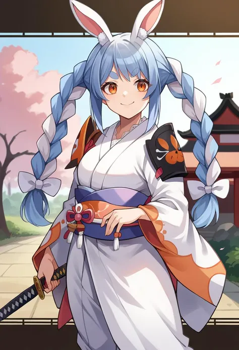 score_9, score_8_up, source_anime, 1girl, solo, UsadaPekora, orange eyes, thick eyebrows, rabbit ears, two-tone hair, blue hair, white hair, long hair, twin braids, samurai, japanese armor, mask, shoulder armor, standing, outdoors, japanese village, smile, confident stance, katana, holding katana, <lora:ChamUsadaPekoraPonyXL:1>