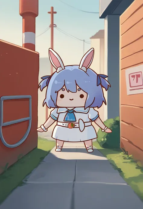 score_9, score_8_up, score_7_up, source_anime, chibi, solo, 1girl, PekoraCasual, smile, dot eyes, thick eyebrows, rabbit ears, blue hair, short hair, two side up, hairclip, white choker, sailor dress, short dress, short sleeves, blue neckerchief, white belt, outdoors, scenery <lora:Phdpigeon_XLPD:1.1> <lora:ChamUsadaPekoraPonyXL:0.9>