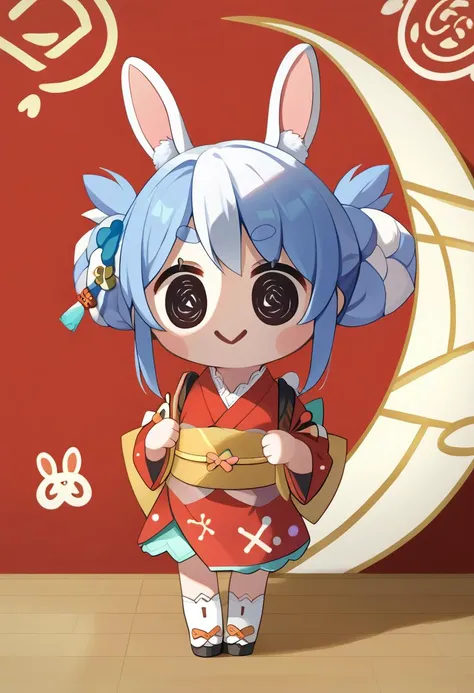 score_9, score_8_up, score_7_up, source_anime, chibi, solo, 1girl, PekoraNewYears, smile, standing, thick eyebrows, rabbit ears, two-tone hair, blue hair, white hair, double bun, braided bun, tassel hair ornament, red kimono, short kimono, sleeves rolled up, tasuki, yellow obi <lora:style_beegsmol_ponyXL:1> <lora:ChamUsadaPekoraPonyXL:1>