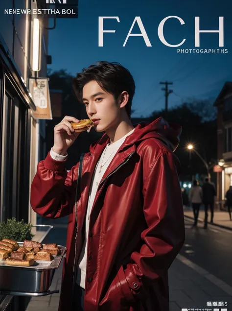 night street view,handsome male,25yo,<lora:Neobro:0.9>,red coat,carry a cat on his shoulder ,eating BBQ,back street, university student,
a stylish magazine cover photo featuring an elegant and confident city handsome man wearing high-end fashion,with the city's dazzling lights in the background. (Fashion cover:1.4), (Elegant:1.2), (High definition:1.3), (Professional photography:1.2), inspired by the photography styles of Annie Leibovitz and Mario Testino,
<lora:LowRa:0.3>