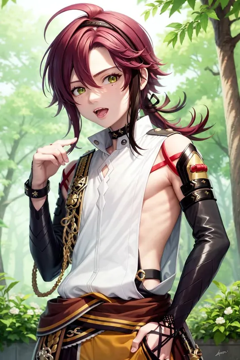 masterpiece, best quality,Shikanoin Heizou (genshin impact), 1boy, male focus, kurokote, green eyes, kote, multicolored hair, mole under eye, red hair, solo, mole, black choker, japanese armor, looking at viewer, choker, armor, streaked hair, aiguillette, sleeveless, ahoge, long hair, low ponytail,(kbxll:0.6)