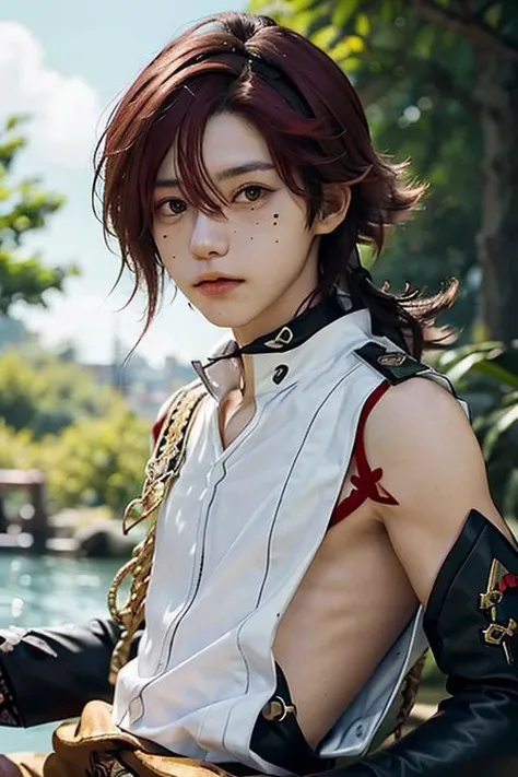 <lora:heizou:1> shikanoin heizou (genshin impact), masterpiece, best quality, 1boy,(male focus:1), green eyes, multicolored hair, kurokote, kote, red hair, solo, mole, mole under eye, moles, looking at viewer