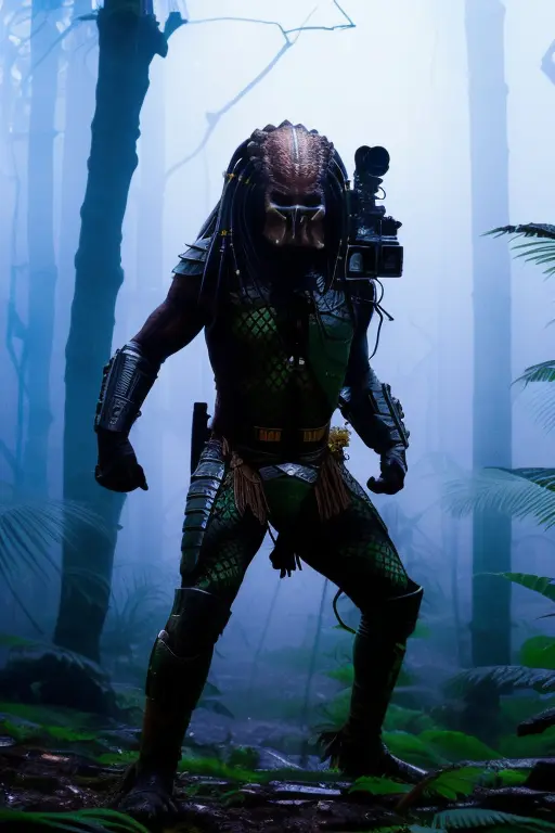<lora:AwienPwedatow1:0.9> , a Full Portrait of a Yautja predator in a dense jungle background, foggy, blurred background, Soft lighting, flickering fluorescent light, cinematic film still, Photorealistic, high quality, prominent projected shadows, modelshoot style, sharp focus, atmospheric fog, RAW, analog, sharp focus, 8k, high res, DSLR, high quality, Fujifilm XT3, film grain, award winning
