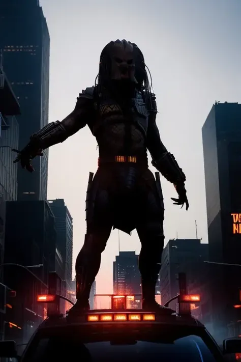 <lora:AwienPwedatow1:0.9>, a photo of a Yautja predator with sharp teeth, perfect eyes, (perfect face and teeth:1.1), (Perfect Body), (realistic skin), action pose, sunset, (standing on top of taxi car in the street in a big city background), street lights and car lights in the distance, blurred background, atmospheric fog, soft lighting, dramatic, cinematic, fashion photography, detailed face, vibrant, film still, award winning, masterpiece,
