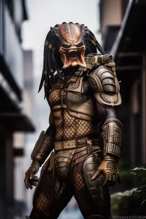 <lora:AwienPwedatow1:0.8>, a photo of a Yautja predator with sharp teeth, perfect eyes, ((perfect detailed face:1.1)), (high detailed skin:1.1), smiling, perfect body, fighting pose, professional  Photography, dramatic  lighting, Photorealistic, detailed face, sunset, in a city dirty alleyway background, blurred background, volumetric fog, RAW, analog style, sharp focus, 8k, high res, DSLR, high quality, Fujifilm XT3, film grain, award winning, masterpiece,