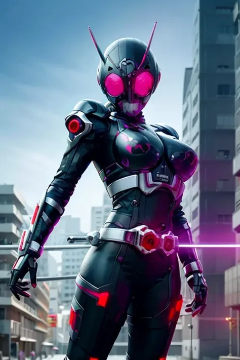 <lora:kamen:0.8>,kamen, open helmet, woman, face, hyper realism, ultra detailed, 8k, photo realistic, symmetric eyes,((sexy)),pose,(cyber punk:1.5),city scape backgound,((big boobs))