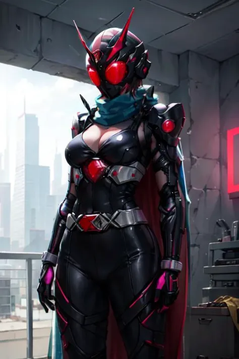 masterpiece, best quality, 1girl, (kamen), cyberpunk helmet, long broken scarf, long cape, <lora:CHAR-KamenRider(kamen):0.6>,