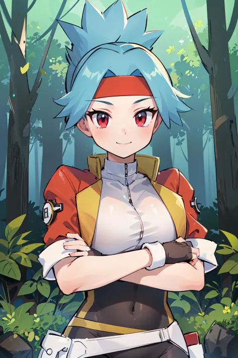 masterpiece, best quality, ultra-detailed, extremely detailed,illustration, 1girl, solo, solana, blue hair, ponytail, red eyes, headband, cropped jacket, open jacket, fingerless gloves, red jacket, belt, thighhighs, large breasts, looking at viewer, smile, crossed arms, forest, upper body, <lora:Solana:0.8>