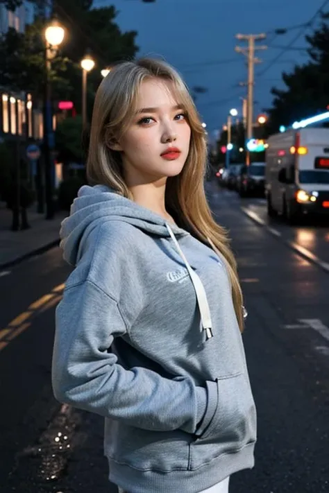 ujifilm XT3, 8k,close up photo, masterpiece, best quality, (((1girl))), solo,realistic, ((looking at viewer)), photorealistic, (extremely detailed face), looking at viewer, ((ultra-detailed eyes and pupils)), ultra detailed, serious expression, ((standing city street at night)), hoodie, (arms behind back), <lora:yerinlorashy:1>