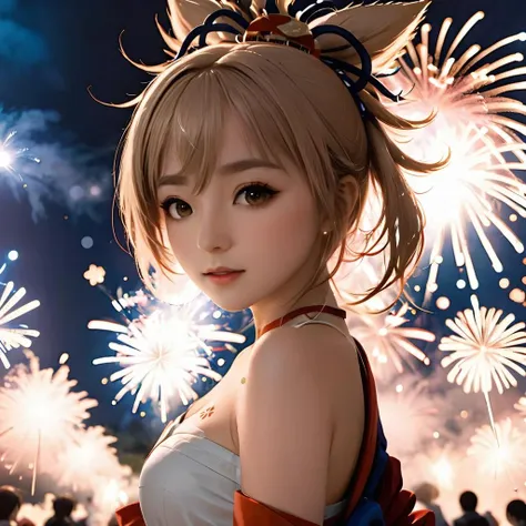 35mm photograph,cinematic photo hyperrealistic,raw,night,a cute girl  surrounded by fireworks,detailed cosplay style,nature light,
yoimiya \(genshin impact\),<lora:yoimiya:1>,