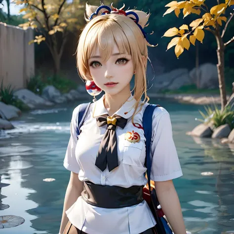photograph,4k,realistic,detailed cosplay style,a cute girl  wearing school uniform standing in water,yoimiya \(genshin impact\),<lora:yoimiya:1>,
