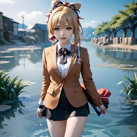 photograph,4k,realistic,detailed cosplay style,a cute girl wearing suit standing in water,yoimiya \(genshin impact\),<lora:yoimiya:1>,