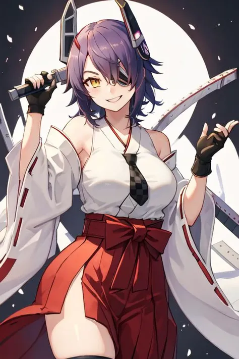 best quality, masterpiece, highres, solo, {white kimono:1.35}, {red hakama:1.35}, {wide sleeves:1.20}, {tenryuu_kantaicollection:1.15}, eyepatch, short_hair, purple_hair, yellow_eyes, headgear, breasts, necktie, large_breasts, smile