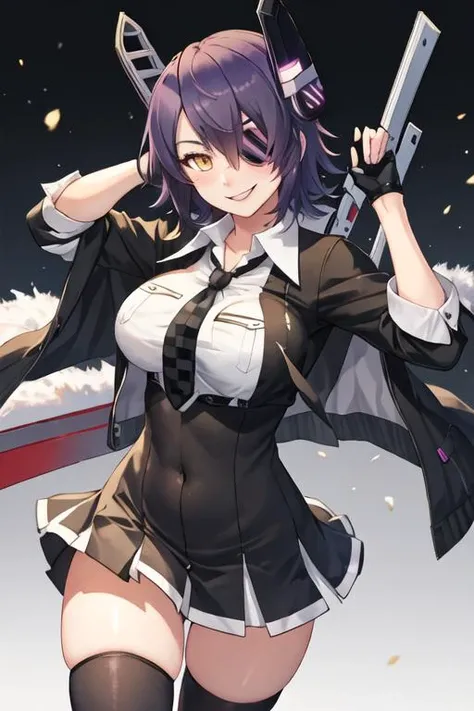 best quality, masterpiece, highres, solo, {tenryuu_kantaicollection:1.15}, eyepatch, short_hair, purple_hair, yellow_eyes, headgear, breasts, necktie, large_breasts, smile