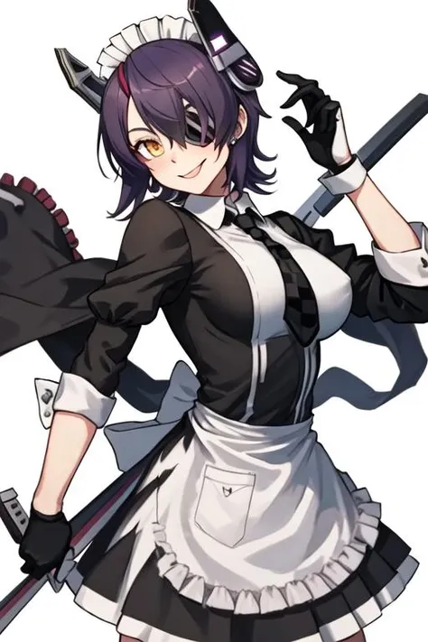 best quality, masterpiece, highres, solo, {maid:1.40}, {long maid dress:1.15}, {tenryuu_kantaicollection:1.15}, eyepatch, short_hair, purple_hair, yellow_eyes, headgear, breasts, necktie, large_breasts, smile
