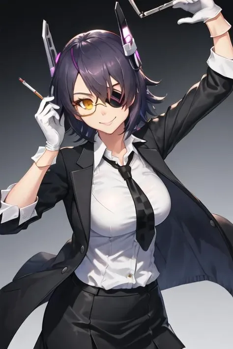 best quality, masterpiece, highres, solo, {black business suit:1.40}, {tie:1.20}, {sunglasses:1.25}, {white gloves:1.15}, {white shirt:1.10}, {black skirt:1.15}, {smoking:1.20}, handsome, {tenryuu_kantaicollection:1.15}, eyepatch, short_hair, purple_hair, yellow_eyes, headgear, breasts, necktie, large_breasts, smile