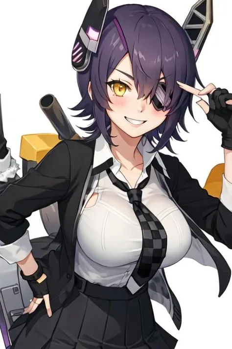 best quality, masterpiece, highres, solo, {tenryuu_kantaicollection:1.15}, eyepatch, short_hair, purple_hair, yellow_eyes, headgear, , necktie, large_breasts, smile, 1girl, blush, fingerless_gloves, gloves, looking_at_viewer, school_uniform, checkered_necktie, partially_fingerless_gloves, skirt