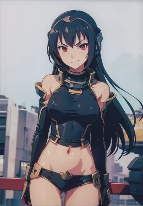 ((highest quality)), ((masterpiece)), (animation illustration), (black bikini, elbow gloves, boots, heroes belt, eye mask), looking at the viewer with a smile, Tattoo on left shoulder, (Floating in the air)